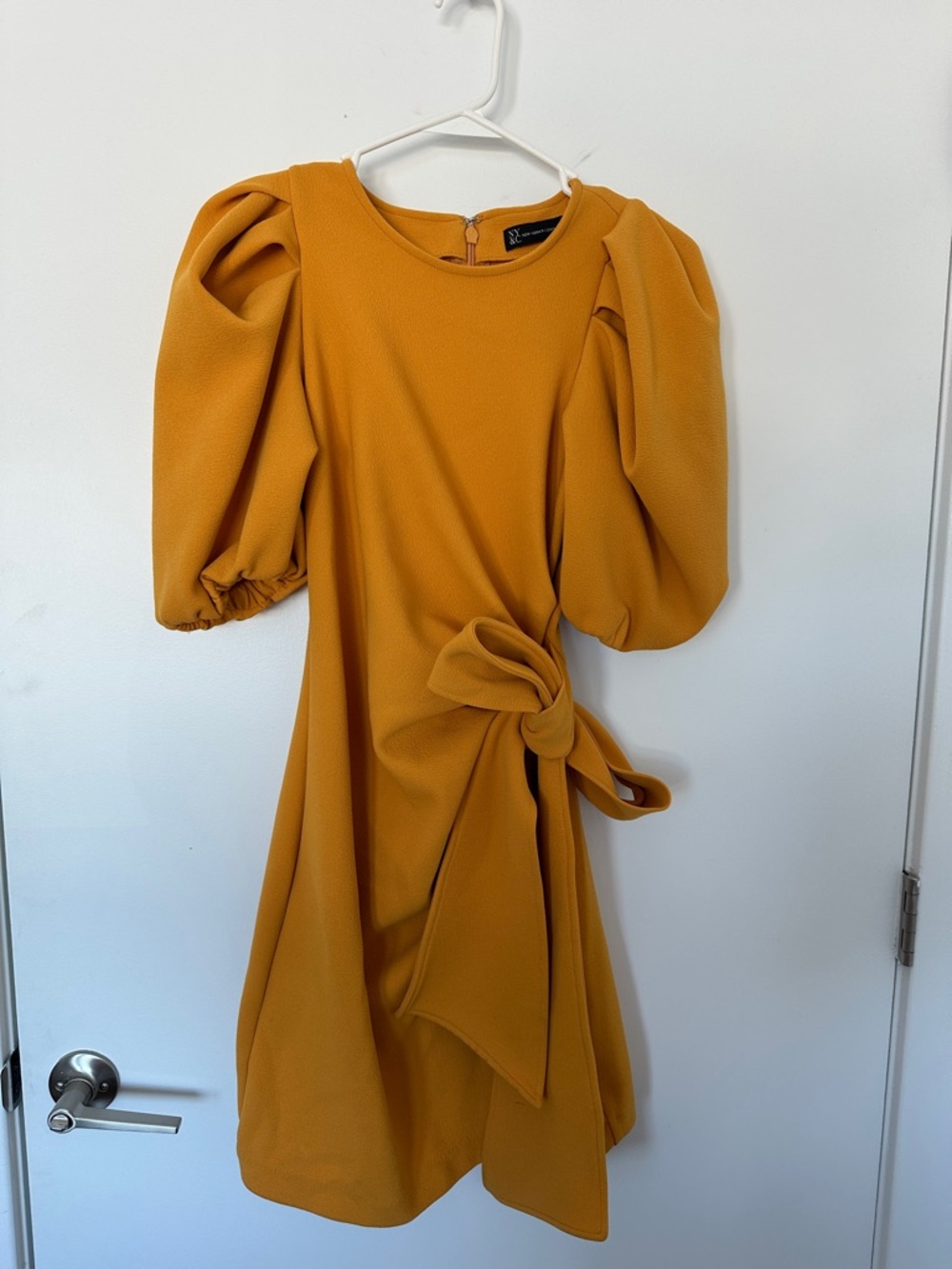 New York & Company Mustard Puff-Sleeve Midi Dress with Side Knot